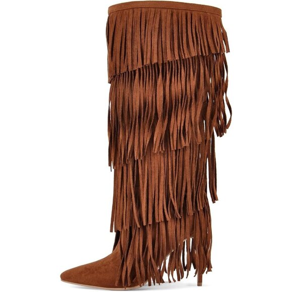 Shoes - Women's Fringed Knee High Boots Pointy Toe Stilettos Faux Suede High Heels Boot